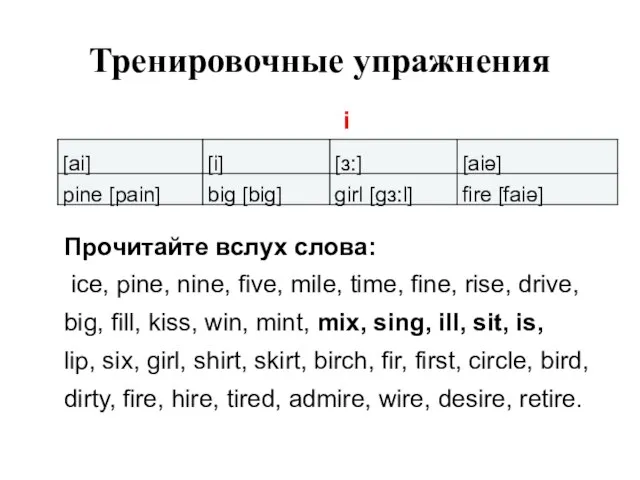 Тренировочные упражнения i Прочитайте вслух слова: ice, pine, nine, five, mile,