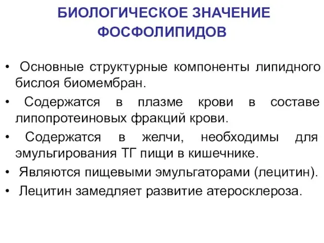 БИОЛОГИЧЕСКОЕ ЗНАЧЕНИЕ ФОСФОЛИПИДОВ Основные структурные компоненты липидного бислоя биомембран. Содержатся в