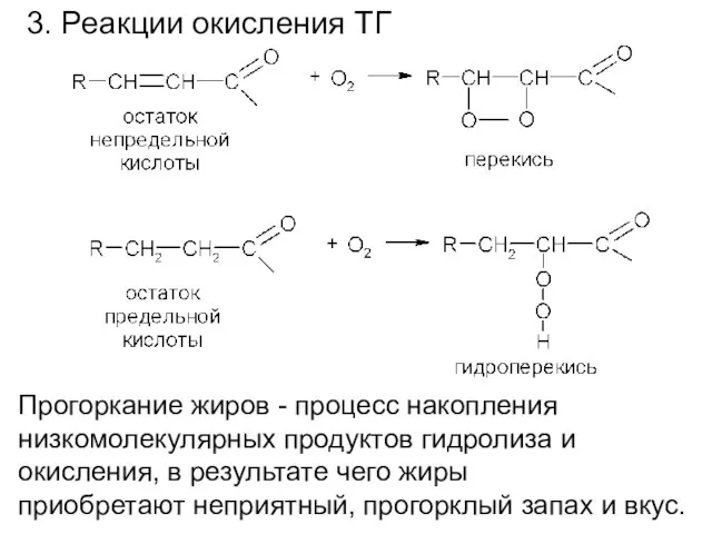 3. Реакции окисления ТГ Прогоркание жиров - процесс накопления низкомолекулярных продуктов