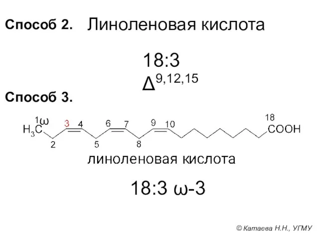 Способ 2. 18:3 Δ9,12,15 Линоленовая кислота Способ 3. 18:3 ω-3 ω © Катаева Н.Н., УГМУ