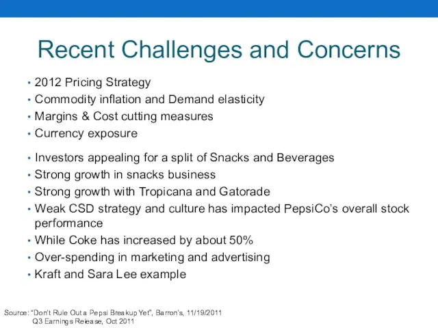 Recent Challenges and Concerns 2012 Pricing Strategy Commodity inflation and Demand
