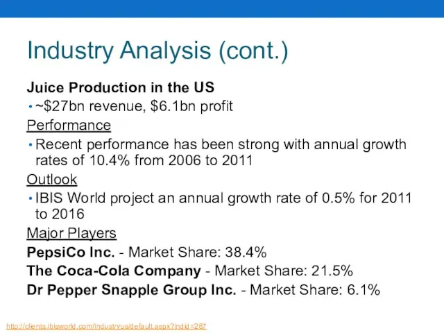 Industry Analysis (cont.) Juice Production in the US ~$27bn revenue, $6.1bn