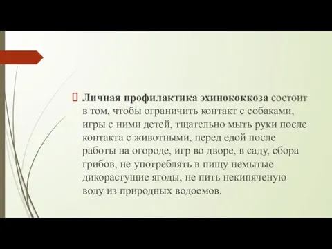 Личная профилактика эхинококкоза состоит в том, чтобы ограничить контакт с собаками,