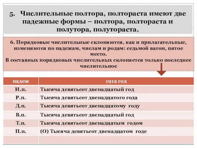 5. Числительные полтора, полтораста имеют две падежные формы – полтора, полтораста