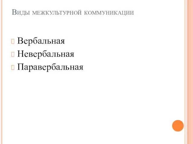 Виды межкультурной коммуникации Вербальная Невербальная Паравербальная