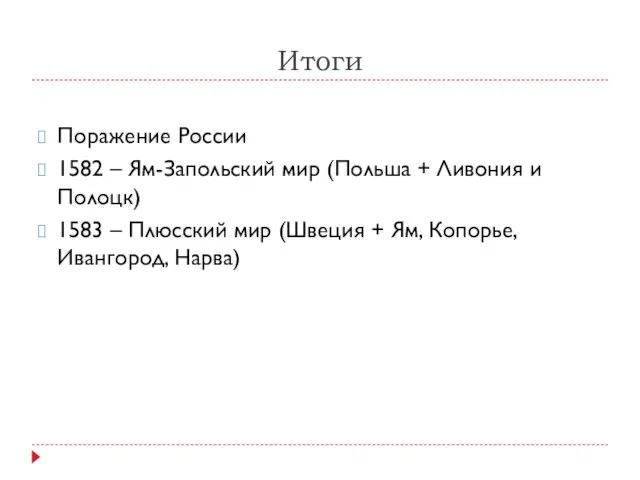 Итоги Поражение России 1582 – Ям-Запольский мир (Польша + Ливония и