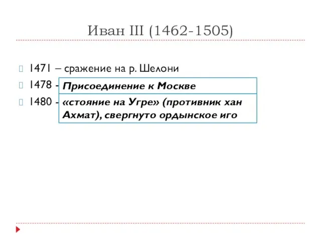 Иван III (1462-1505) 1471 – сражение на р. Шелони 1478 -