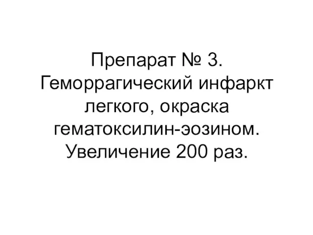 Препарат № 3. Геморрагический инфаркт легкого, окраска гематоксилин-эозином. Увеличение 200 раз.