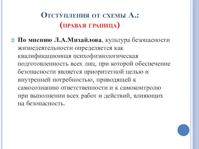 Отступления от схемы А.: (правая граница) По мнению Л.А.Михайлова, культура безопасности