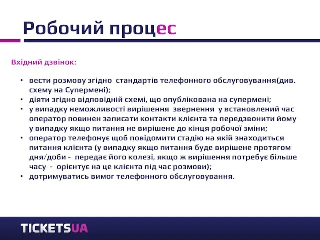 Робочий процес Вхідний дзвінок: вести розмову згідно стандартів телефонного обслуговування(див. схему