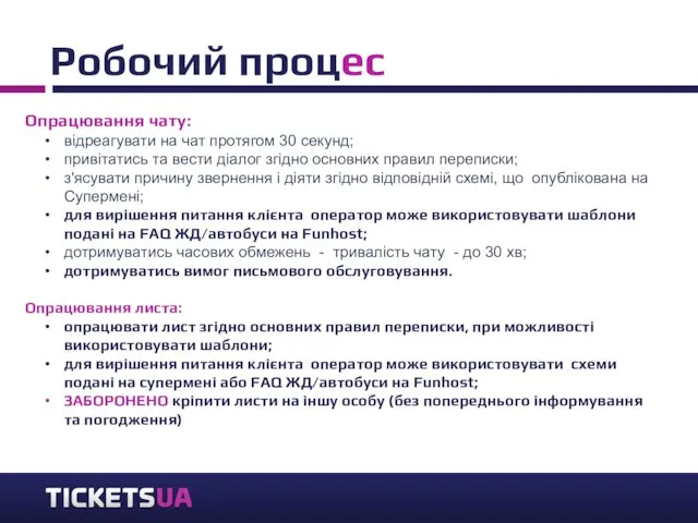 Робочий процес Опрацювання чату: відреагувати на чат протягом 30 секунд; привітатись