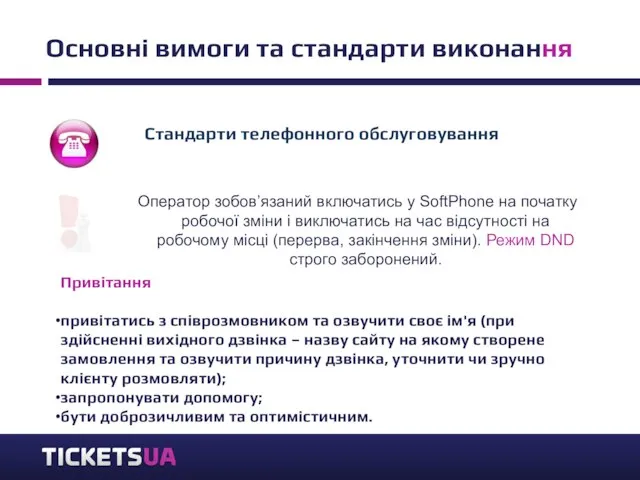 Основні вимоги та стандарти виконання Стандарти телефонного обслуговування Оператор зобов’язаний включатись