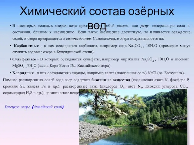 Химический состав озёрных вод В некоторых соляных озерах вода представляет собой