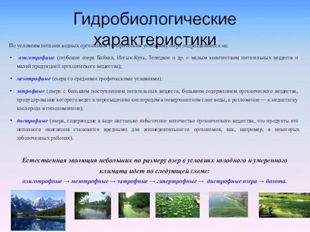 Гидробиологические характеристики По условиям питания водных организ­мов (трофическим условиям) озера подразделяются