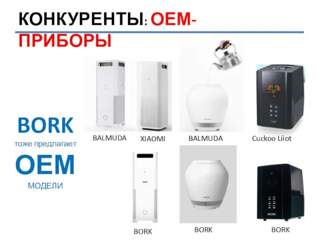 КОНКУРЕНТЫ: ОЕМ-ПРИБОРЫ BALMUDA XIAOMI Cuckoo Liiot BORK BORK BORK BORK тоже предлагает ОЕМ МОДЕЛИ BALMUDA