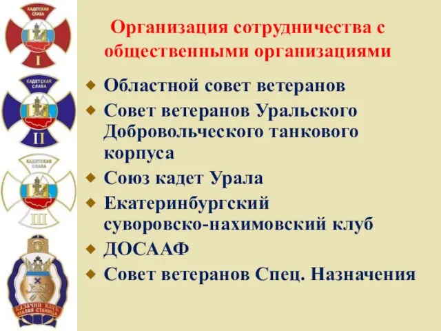 Организация сотрудничества с общественными организациями Областной совет ветеранов Совет ветеранов Уральского