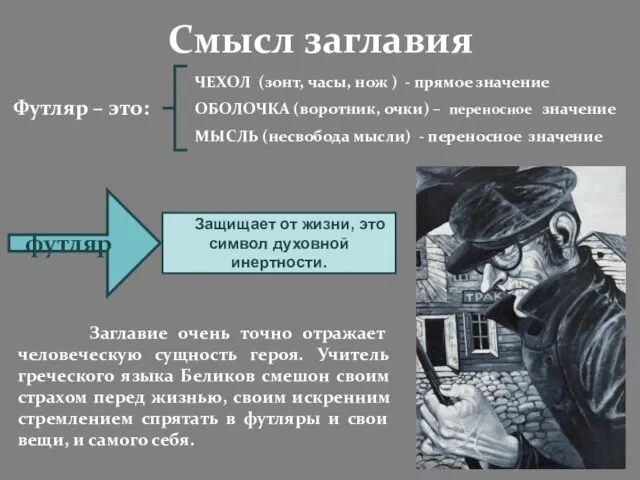 Смысл заглавия ЧЕХОЛ (зонт, часы, нож ) - прямое значение ОБОЛОЧКА