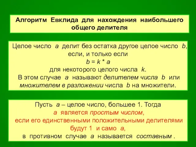 Алгоритм Евклида для нахождения наибольшего общего делителя Целое число a делит