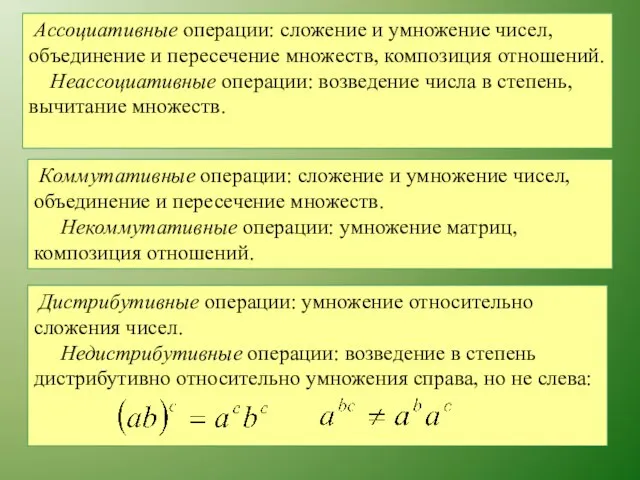 Ассоциативные операции: сложение и умножение чисел, объединение и пересечение множеств, композиция