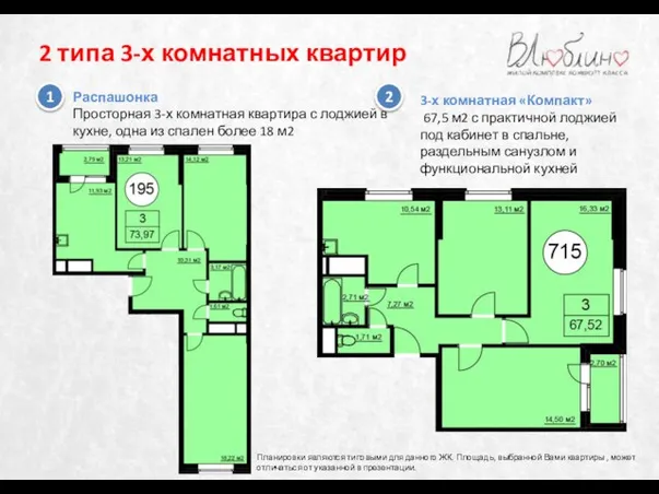 2 типа 3-х комнатных квартир 3-х комнатная «Компакт» 67,5 м2 с