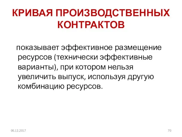 КРИВАЯ ПРОИЗВОДСТВЕННЫХ КОНТРАКТОВ показывает эффективное размещение ресурсов (технически эффективные варианты), при