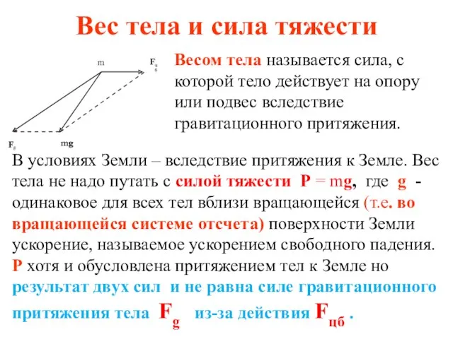 Вес тела и сила тяжести Весом тела называется сила, с которой