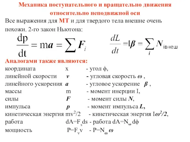 Механика поступательного и вращательно движения относительно неподвижной оси Все выражения для