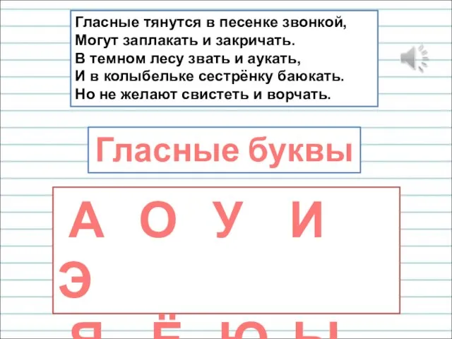 Гласные тянутся в песенке звонкой, Могут заплакать и закричать. В темном