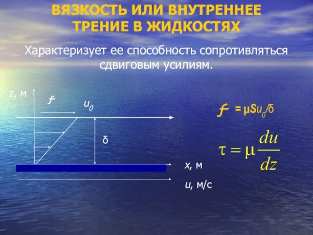 ВЯЗКОСТЬ ИЛИ ВНУТРЕННЕЕ ТРЕНИЕ В ЖИДКОСТЯХ Характеризует ее способность сопротивляться сдвиговым