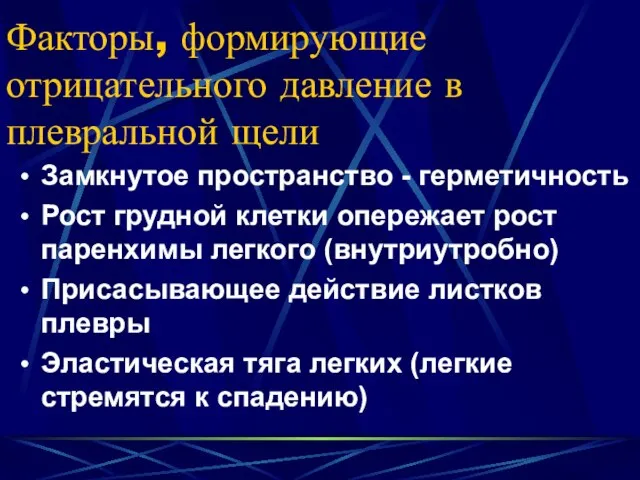 Факторы, формирующие отрицательного давление в плевральной щели Замкнутое пространство - герметичность