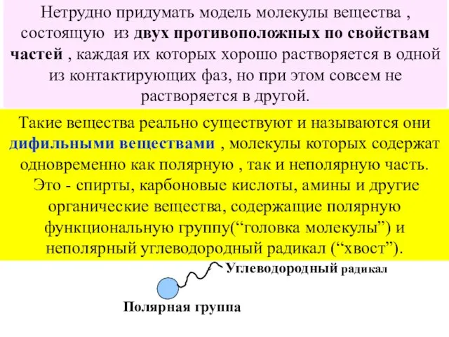 Такие вещества реально существуют и называются они дифильными веществами , молекулы