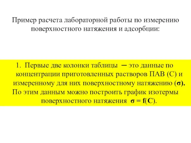 Пример расчета лабораторной работы по измерению поверхностного натяжения и адсорбции: Первые