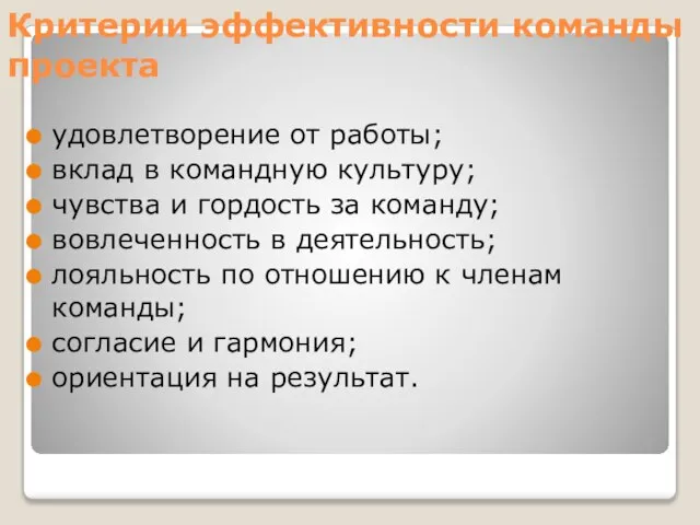 Критерии эффективности команды проекта удовлетворение от работы; вклад в командную культуру;