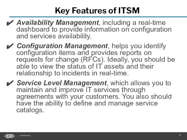 Key Features of ITSM Availability Management, including a real-time dashboard to