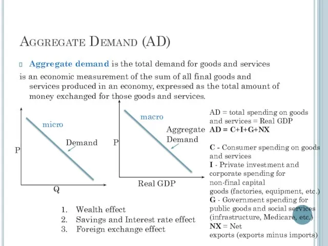 Aggregate Demand (AD) Aggregate demand is the total demand for goods