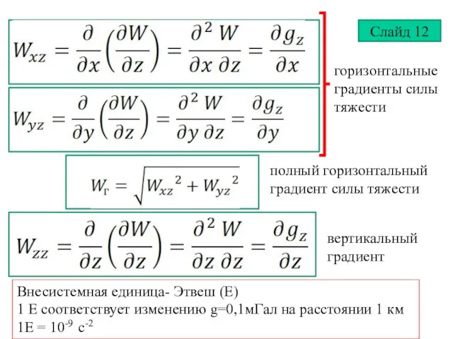 горизонтальные градиенты силы тяжести вертикальный градиент Внесистемная единица- Этвеш (Е) 1