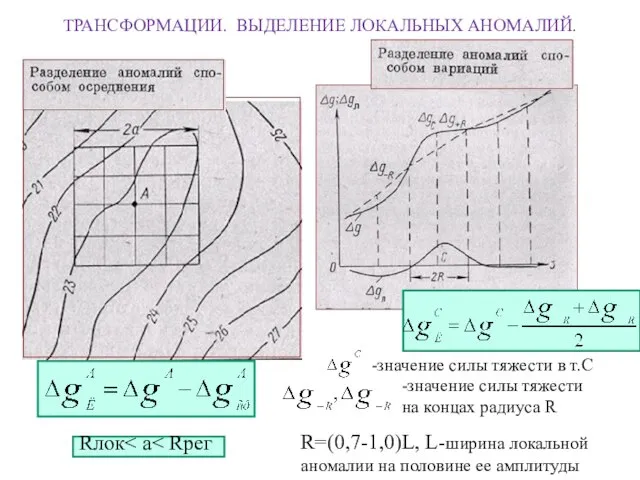 ТРАНСФОРМАЦИИ. ВЫДЕЛЕНИЕ ЛОКАЛЬНЫХ АНОМАЛИЙ. Rлок -значение силы тяжести в т.С -значение