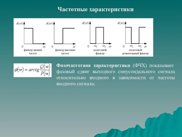 Частотные характеристики Фазочастотная характеристика (ФЧХ) показывает фазовый сдвиг выходного синусоидального сигнала