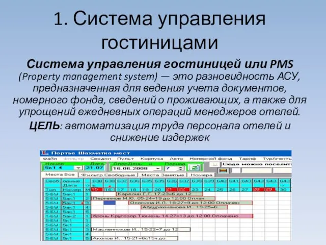 1. Система управления гостиницами Система управления гостиницей или PMS (Property management