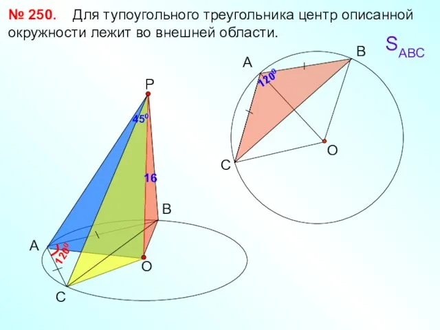 № 250. Для тупоугольного треугольника центр описанной окружности лежит во внешней