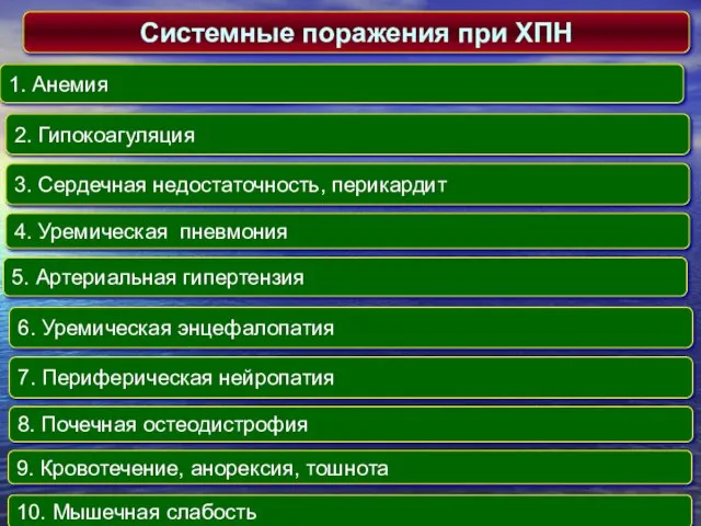 Системные поражения при ХПН 1. Анемия 2. Гипокоагуляция 3. Сердечная недостаточность,