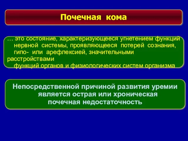 Почечная кома … это состояние, характеризующееся угнетением функций нервной системы, проявляющееся