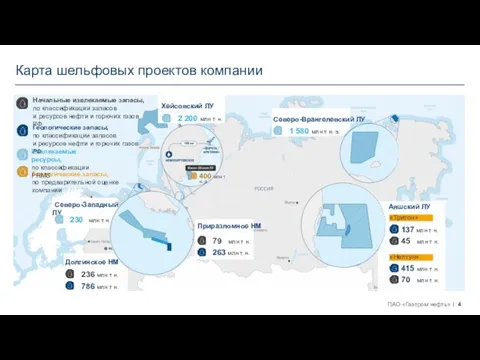 Карта шельфовых проектов компании 236 млн т н. 786 млн т