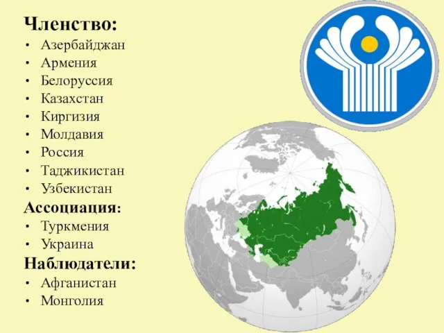 Членство: Азербайджан Армения Белоруссия Казахстан Киргизия Молдавия Россия Таджикистан Узбекистан Ассоциация: Туркмения Украина Наблюдатели: Афганистан Монголия