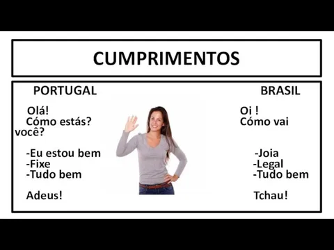 CUMPRIMENTOS PORTUGAL BRASIL Olá! Oi ! Cómo estás? Cómo vai você?