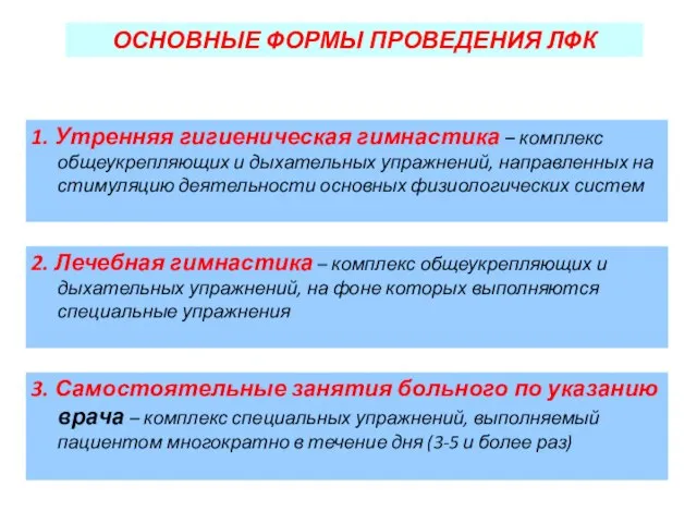 ОСНОВНЫЕ ФОРМЫ ПРОВЕДЕНИЯ ЛФК 1. Утренняя гигиеническая гимнастика – комплекс общеукрепляющих