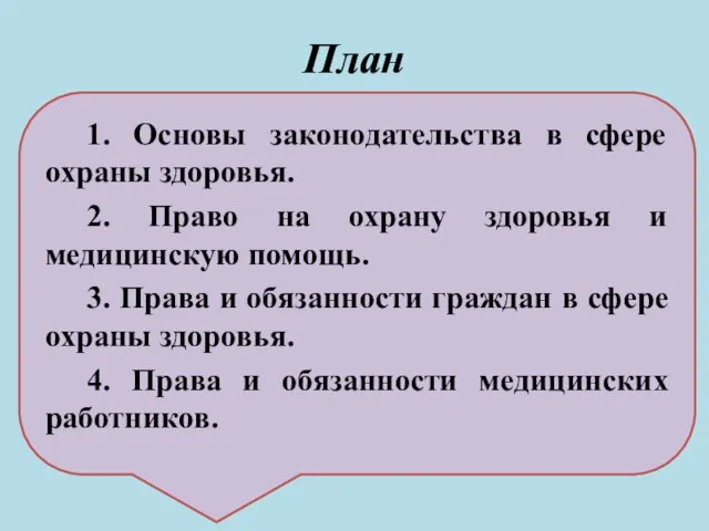 План 1. Основы законодательства в сфере охраны здоровья. 2. Право на