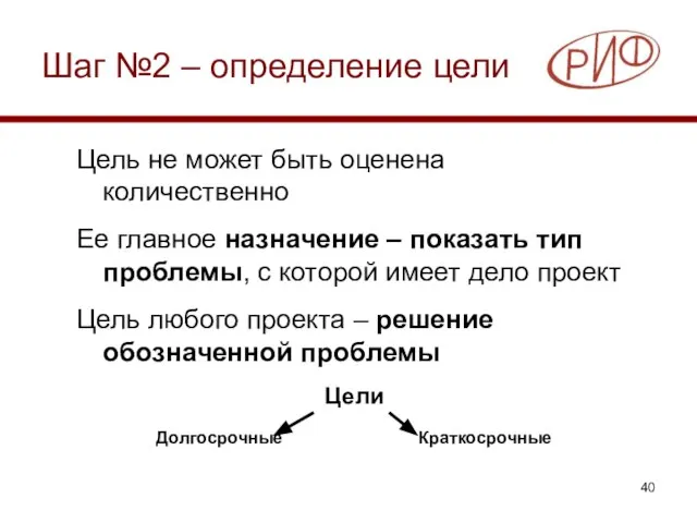 Шаг №2 – определение цели Цель не может быть оценена количественно