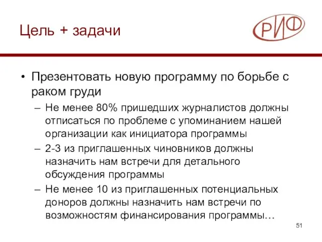 Цель + задачи Презентовать новую программу по борьбе с раком груди