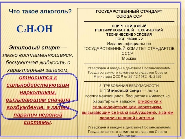 Что такое алкоголь? C2H5OH Этиловый спирт — легко воспламеняющаяся, бесцветная жидкость